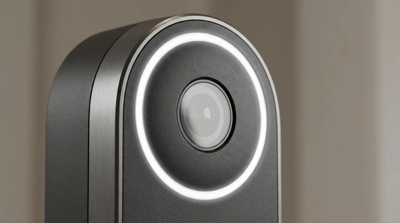 Close-up of Google Nest Doorbell camera lens and LED indicator ring
