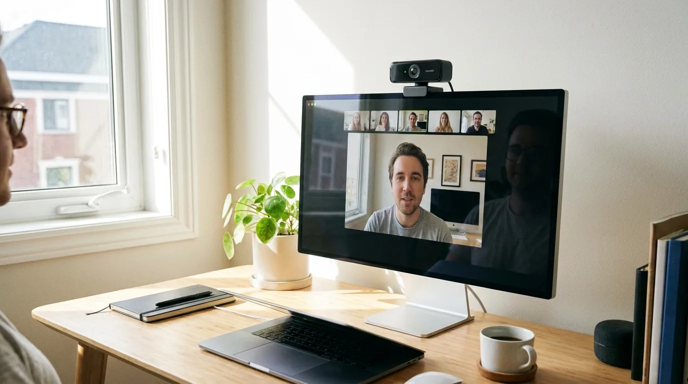 Insta360 Link 2 Pro webcam mounted on monitor in home office setup