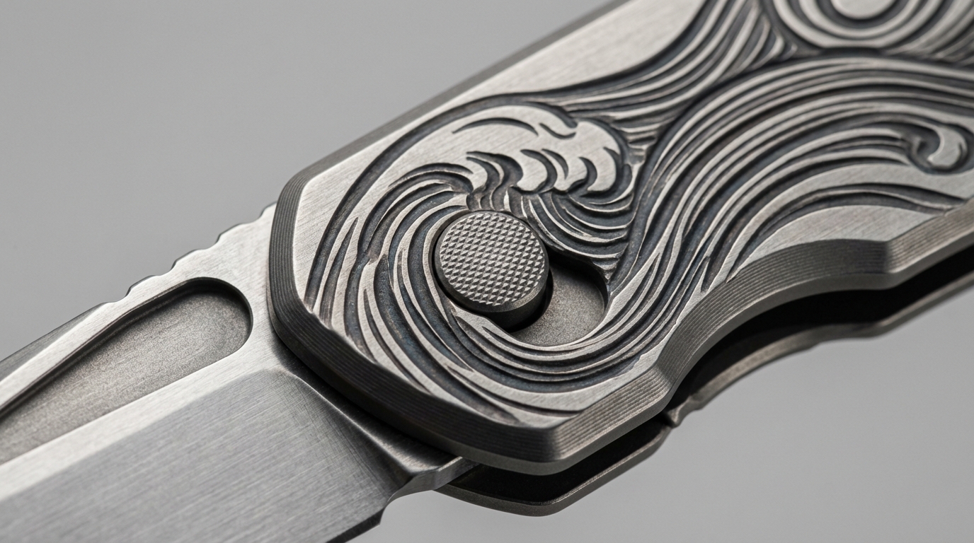 Close-up of ONAMI titanium button lock and ocean wave pattern detail