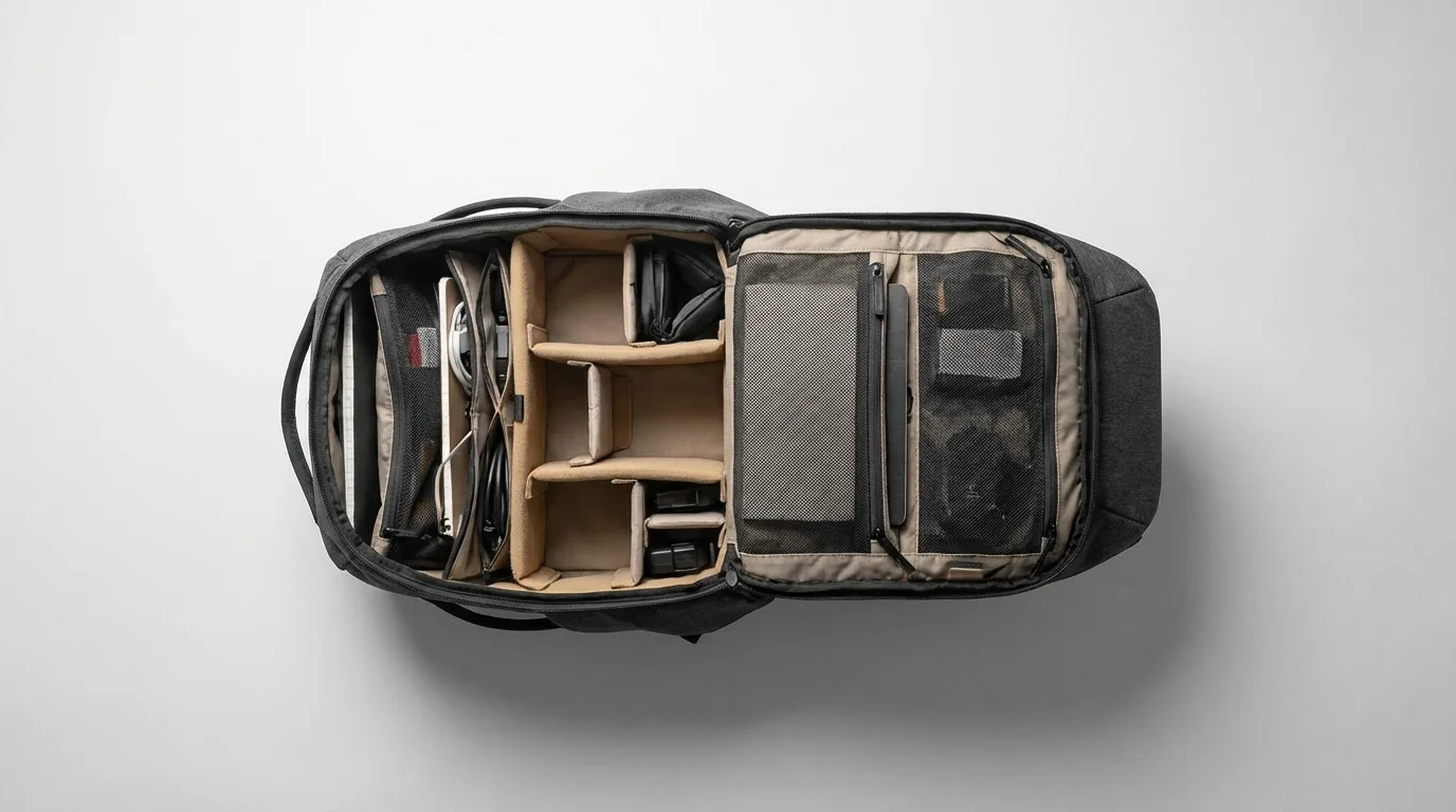 Interior view of Peak Design Everyday Backpack V3 showing FlexFold dividers and organization