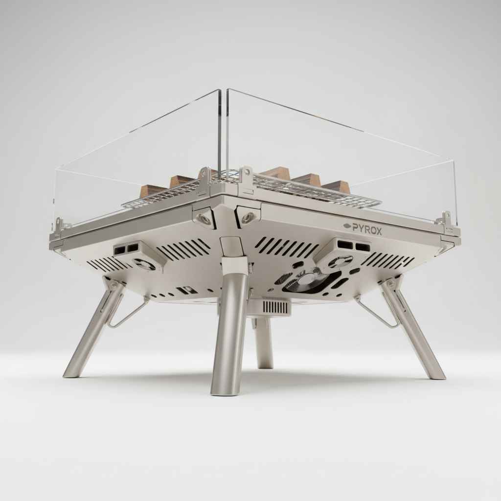 PYRO smokeless fire pit base showing the integrated fan system, perforated ventilation, and angled legs
