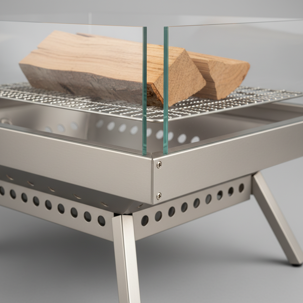 Close-up detail of PYRO fire pit showing titanium frame meeting quartz glass wind guard panel