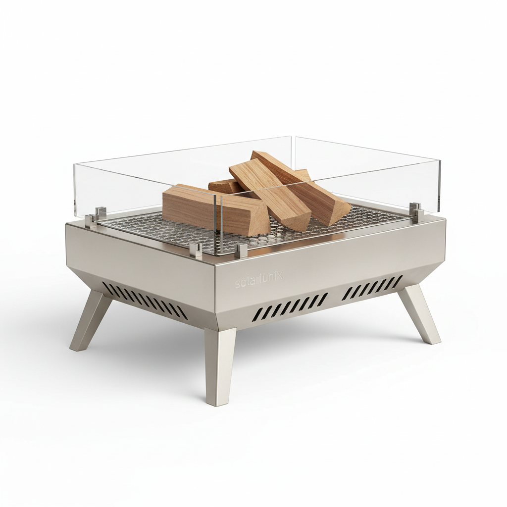 PYRO 360 titanium smokeless fire pit front view showing rectangular design with glass side panels and angled legs
