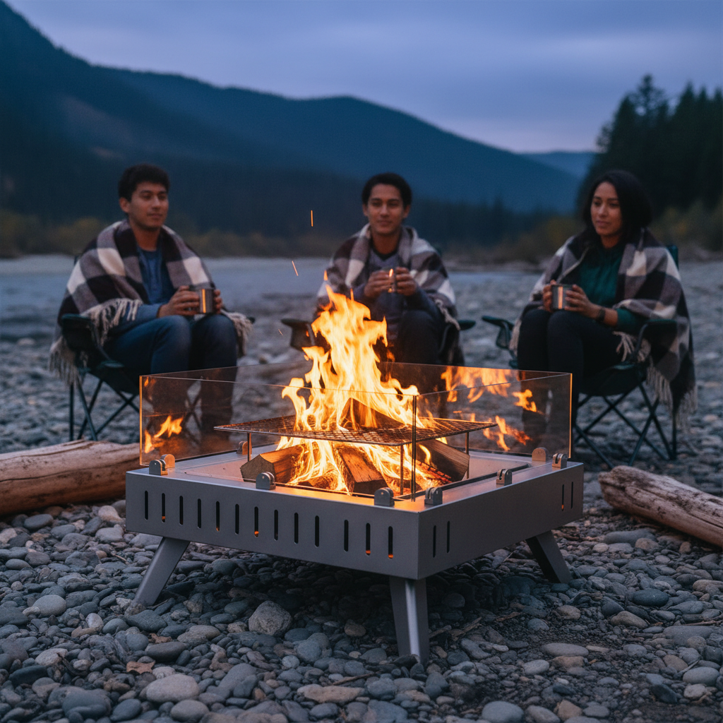 PYRO smokeless fire pit in use at a riverside campsite with flames visible through glass side panels