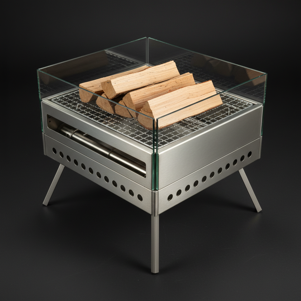 PYRO smokeless fire pit overhead view showing rectangular titanium body, grill grate, and glass wind guards
